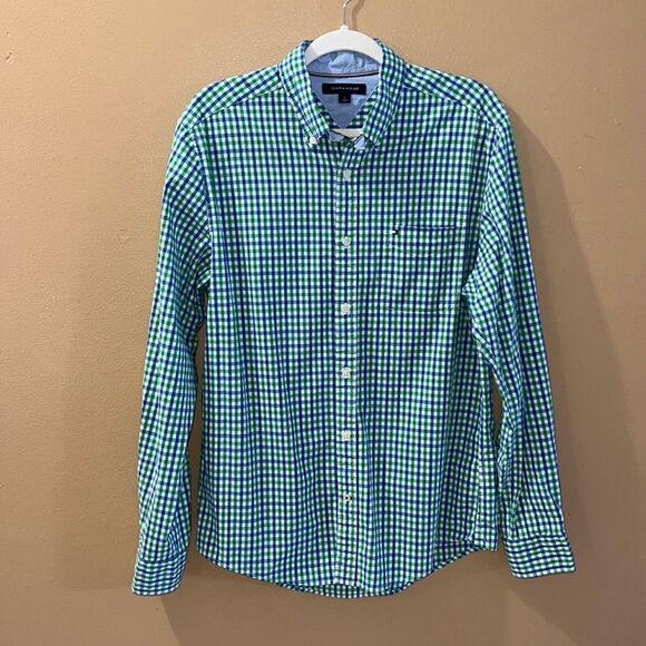 Tommy Hilfiger Men’s M Summer check blue green and white button down shirt - Picture 3 of 16